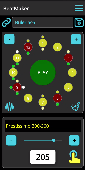 BeatMaker flamenco Bulerias pattern with 12 beats and sub-beat indicators