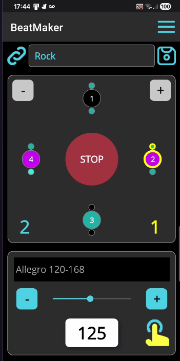BeatMaker Rock pattern playing at 125 BPM with beat highlighting