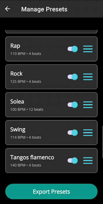 BeatMaker manage patterns screen showing Rap, Rock, Solea, Swing, Tangos