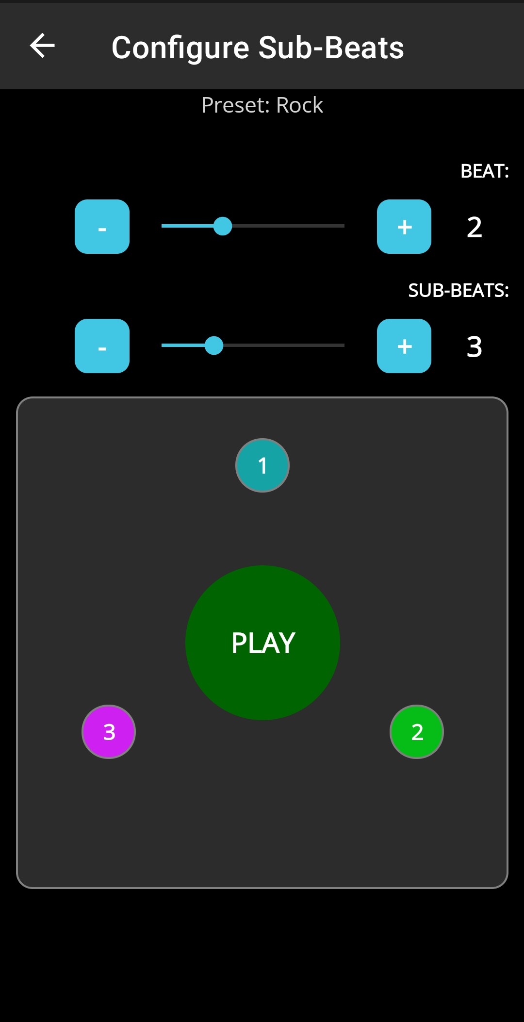 BeatMaker sub-beat configuration screen with triplet subdivision